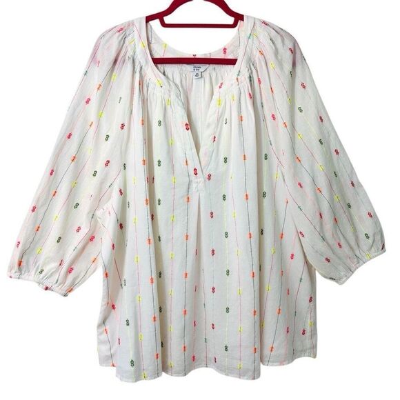 Crown & Ivy 4X lined white & multi boho  notch neck peasant blouse - Picture 9 of 11